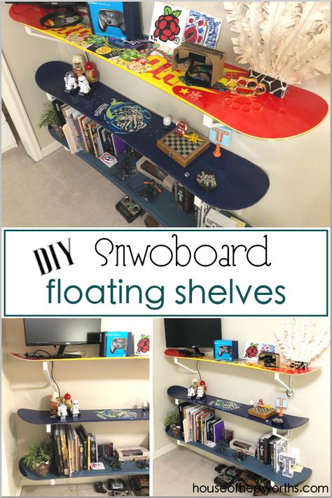 How to make your own snowboard shelves. So cute in your son's bedroom! Tutorial at www.houseofhepworths.com Snowboard Bedroom, Make Your Own Shelves, Diy Floating Shelves, Creative Kids Rooms, Teenage Boy Room, Shelves Diy, Floating Shelves Diy, Shelves In Bedroom, Boy Bedroom