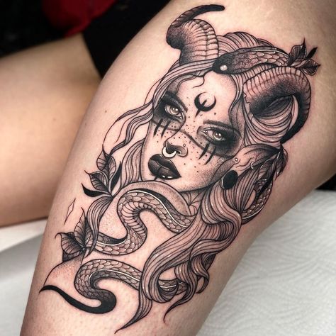 Hayley Ploos Tattoos 🌙 on Instagram: “‘Lilith’ first tattoo for the lovely Paige Thanks for your trust and sitting so well . Books open 23rd Jan for March/April . . .…” Tattoo Painting, Medusa Tattoo Design, Witch Tattoo, Goddess Tattoo, Medusa Tattoo, Dark Tattoo, Half Sleeve Tattoo, Feminine Tattoos, Tattoo Designs For Women