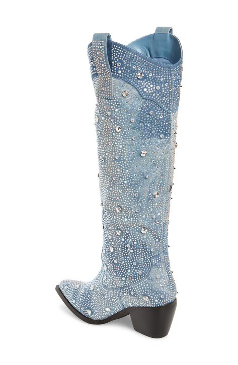 Sundial medallions, pyramid studs and dewdrop crystals completely cover the silhouette of this denim Western boot, from the curved topline to the pointy toe. The stacked Cuban heel adds to the look's rancher-style glam. Pull-on style Textile upper/synthetic lining and sole Imported Asian & Pacific Islander Owned/Founded 2 1/2" heel, 13 1/2" shaft; 16" calf circumference Denim Boots Outfit, Denim Attire, Bling Boots, Country Glam, Rhinestone Boots, Country Clothes, Womens Cowgirl Boots, Denim Heels, Denim And Diamonds