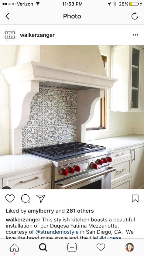 Accent tile above range, fancy hood Tile Above Stove Backsplash Ideas, Fun Backsplash, Artisan Stone Tile, Lights Over Kitchen Island, Stove Backsplash, Colonial Interior, Kitchen Remodel Design, New House - Kitchen, Farm Kitchen