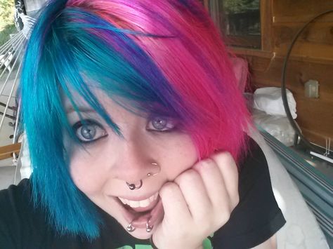 blue and pink hair :) Pink And Blue Scene Hair, Blue Hair With Pink Tips, Pink And Blue Hair Ideas, Pink And Teal Hair, Blue Pink Hair, Pink And Blue Hair, Action Character, Middle School Hairstyles, Dark Pink Hair