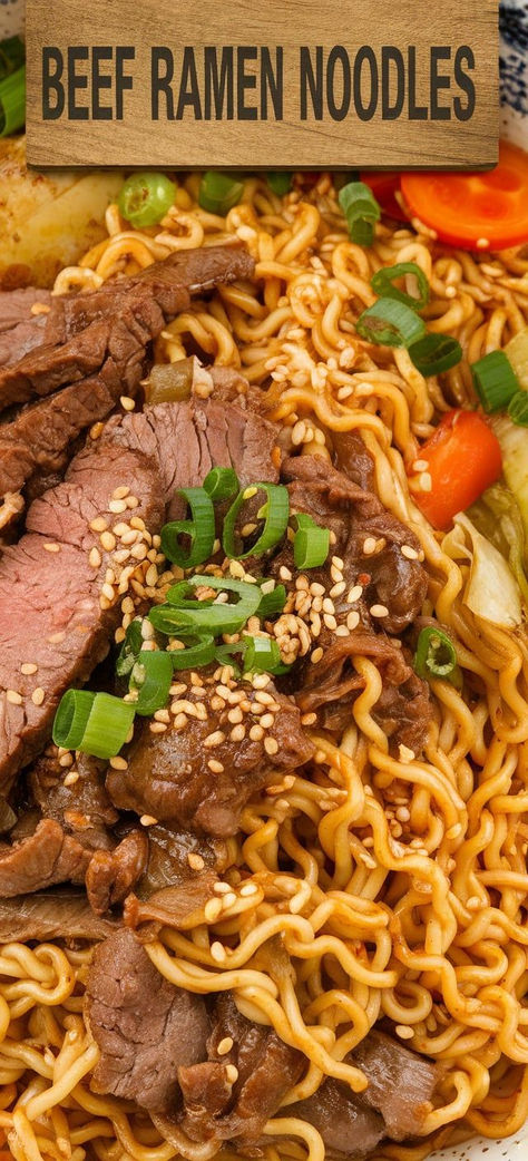 Quick and Easy Beef Ramen Noodles.  A flavorful stir-fry loaded with tender beef, fresh veggies, and savory noodles. Perfect for a fast weeknight dinner! Beef Tips And Ramen Noodles, Rice Noodles And Beef, Flank Steak Ramen, Steak Ramen Noodle Recipes, Easy Beef Ramen, Beef Ramen Stir Fry, Ramen With Beef, Savory Noodles, Steak Ramen