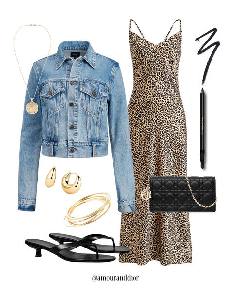 A leopard slip dress paired with a denim jacket for a dreamy date night look.  🐆 Silky satin slip dress, leopard print, satin slip dress, leopard print dress, fall outfit, fall trends, jean jacket, denim jacket, kitten heels, Lady Dior Pouch Leopard Slip Dress Outfit, Lady Dior Pouch, Leopard Print Slip Dress, Leopard Slip Dress, Dior Pouch, Print Slip Dress, Dior Style, Fitted Leopard Print V-neck Midi Dress, Casual Leopard Print V-neck Midi Dress