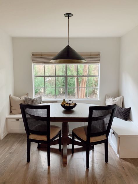 Breakfast Nook Light Fixture, Breakfast Nook Lighting, Breakfast Bench, Cabinet Bench, Black Shelves, Room Refresh, Time Of The Day, Black And White Tiles, Breakfast Nook