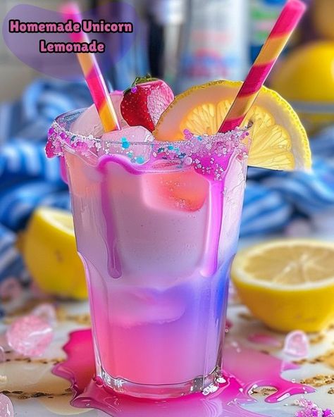 Unicorn Lemonade Recipe, Unicorn Syrup Water Recipes, Unicorn Drinks For Kids, Unicorn Cocktail Recipes, Homemade Unicorn Lemonade, Unicorn Lemonade, Sonic Strawberry Lemonade Recipe, Unicorn Drink, Lemonade Business