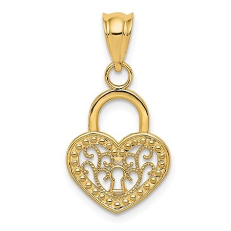 Ladies 14K Yellow Gold Romantic Gift Love Filigree Heart Lock Charm Pendant Lock Pendant, Filigree Heart, Heart Lock, Heart And Key, Bow Jewelry, Gold Filigree, Gold Polish, Fine Jewelry Gift, Jewelry Companies