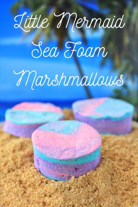 Little Mermaid Sea Foam Marshmallows - Alison's Wonderland Recipes Mermaid Recipes, Special Deserts, Mermaid Food, Neon Food Coloring, Honeycomb Candy, Mermaid Drink, Surprise Cookie, Disney Inspired Food, Alison Wonderland