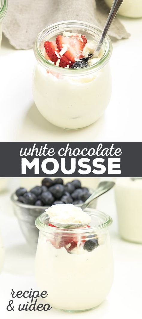 This simple recipe for white chocolate mousse is made without eggs or gelatin, and can be served alone, with berries, or even as the perfect cake filling! White Chocolate Mousse Recipe, White Chocolate Shavings, White Chocolate Recipes, Cake Filling, White Chocolate Mousse, Chocolate Mousse Recipe, Creamy Recipes, Bake Recipes, Best Gluten Free Recipes