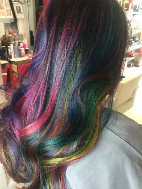 Rainbow Hair Streaks, Rainbow Peekaboo Hair, Dark Rainbow Hair, Pigeon Hair, Oil Spill Hair, Effortless Bun, Lola Hair, Peekaboo Hair Colors, Dyed Hair Purple