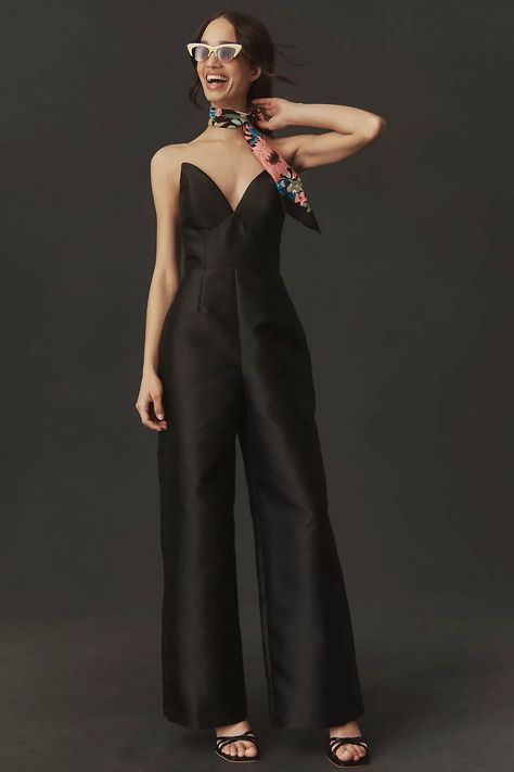 Jumpsuit Elegant Formal, Wedding Guest Jumpsuit, Black Bridesmaid, Black Bridesmaids, Designer Jumpsuits, Georgette Dress, Jumpsuit Elegant, Black Bridesmaid Dresses, Plunge Neckline