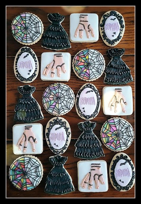 Wednesday Theme Treats, Wednesday Adams Decorations, Wensday Cookies, Wensday Adams Cookies, Wednesday Addams Sweet Table, Addams Family Cookies Decorated, Wensday Adams Party Ideas Food, Wednesday Adams Bday Party, Wednesday And Enid Birthday Party Decorations