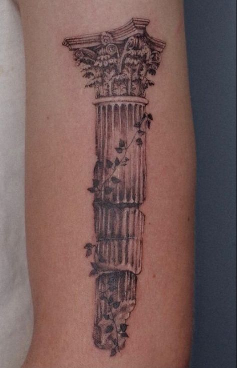 Column Tattoo, Greek God Tattoo, Roman Tattoo, Ancient Art Tattoo, Temple Tattoo, Artsy Tattoos, 16 Tattoo, Medieval Tattoo, Greek Mythology Tattoos