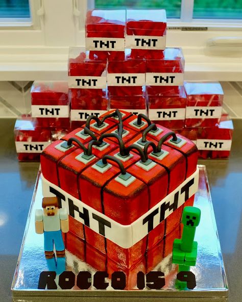 Tnt Cake, Minecraft Tnt Cake, Minecraft Tnt, Minecraft Party Decorations, Macaron Cake, Minecraft Cake, Minecraft Birthday, Minecraft Party, 9th Birthday