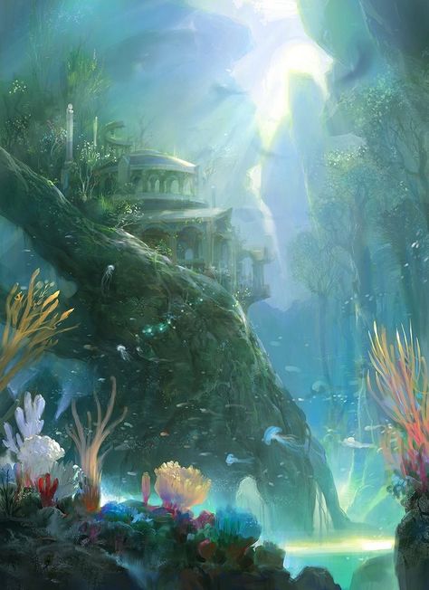 Underwater ruins Underwater Ruins, Underwater City, Underwater Scene, Creation Art, Underwater Art, Fantasy City, Fantasy Setting, Fantasy Places, Arte Inspo