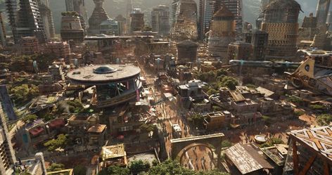 The futuristic architecture featured in hit movie Black Panther is an unexpected blend of Zaha Hadid and Buckingham Palace, according to designer Hannah Beachler. Film Black Panther, City Planner, Golden City, Movie Black, Black Panthers, Production Design, Jack Kirby, Marvel Films, Futuristic City