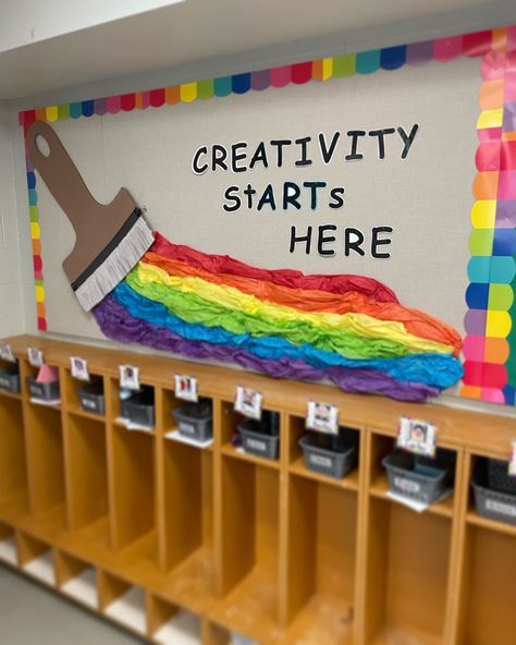 Paint Bucket Classroom Decor, Paint Brush Classroom Decor, Art Wall Sayings For Classroom, Paint Brush Bulletin Board, Giant Paint Brush, Paint Classroom, Classroom Walls Paint, Toddler Bulletin Boards, Rainbow Theme Classroom