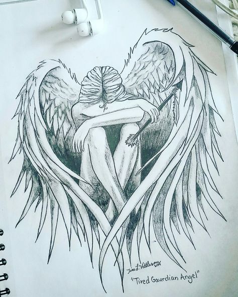 Seen one like this on pintrest not too long ago,but cant find my indpiration original again after printing it to look at.... here is My attempt. #pencildrawing #Angel Angel Sketch, Angel Wings Drawing, Pencil Drawings For Beginners, Angel Drawing, Cool Pencil Drawings, Ange Demon, Tattoo Style Drawings, Angel Painting, Figure Sketching