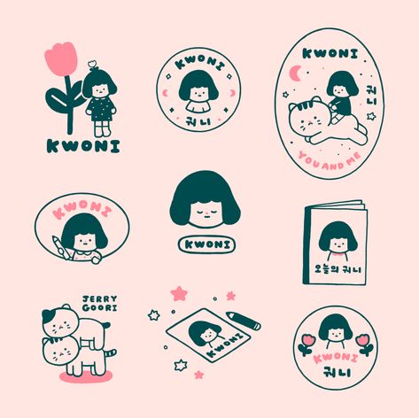 Kwoni's Logo & illustrations :: Behance Japanese Logo Design Minimalist, Personal Logos For Graphic Designers, Logo Illustration Design Ideas, Graphic Designer Self Branding, Logo Design Character, Cute Business Logo Ideas, Doodle Logo Design, Japanese Logo Design Inspiration, Art Shop Logo