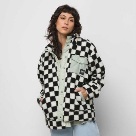 Nwt Vans Winterset Jacket Sherpa Classic Check Mint Green Accents Snaps Up, Patch Pockets On Chest Women's L Checkered Sherpa Jacket, Navy Wishlist, Oversized Sherpa Jacket, Vans Jacket, Work Overalls, Girl Material, Vans Checkered, Green Vans, Vans Checkerboard