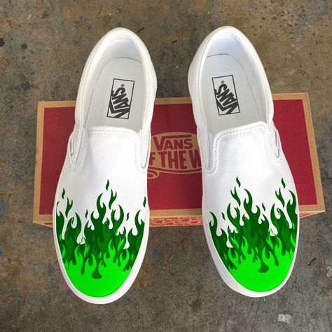 Forerst green, bright green, and neon green flame fire tip Slip On Vans Shoes. We buy each pair of shoes BRAND NEW. Each pair is made to order, please make sure you put in the correct shoe size before you check out. The ink is permanent and will never come off, fade away, or peel off. Made in the USA. This price includes everything: shoes, artwork, and shipping. Thanks for stopping by our Etsy shop! Please message me with any questions! Because the artwork is custom made for you, there are no ex Green Custom Shoes, Shoes Art, Custom Painted Shoes Ideas, Custom Slip On Vans, White Slip On Shoes, Custom Vans Shoes, Painted Shoes Diy, Custom Sneakers Diy, Vans White