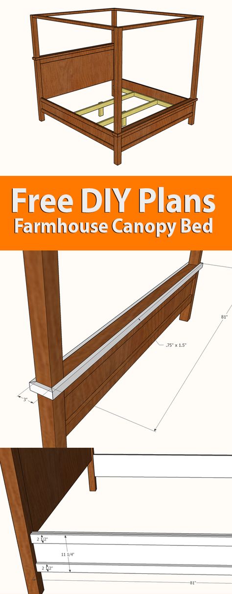 DIY Farmhouse Canopy Bed plans - King Size » Famous Artisan Farmhouse Canopy Bed, Construction Bed, Farmhouse Canopy Beds, Queen Bed Frame Diy, King Size Canopy Bed, Diy Beds, Construction Bedding, Headboard King Size, Wood Canopy Bed