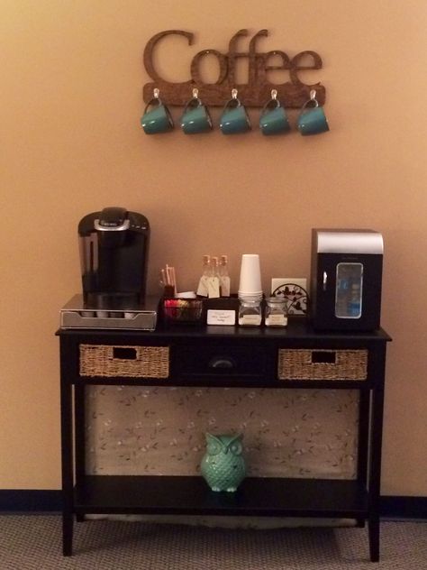 Coffee bar for my therapy office Office Coffee Station, Office Coffee Bar, Coffee Bar Ideas, Home Coffee Stations, Leasing Office, Therapy Office Decor, Home Coffee Bar, Coffee Bar Home, Therapy Office