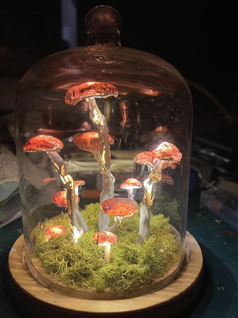 Mushroom Cloche Diy, Terrarium Mushrooms, Cute Cottage Interior, Mushrooms Terrarium, Fairy Globe, Terrarium With Mushrooms, Diy Cloche, Mushroom Jar Resin, Cardboard City