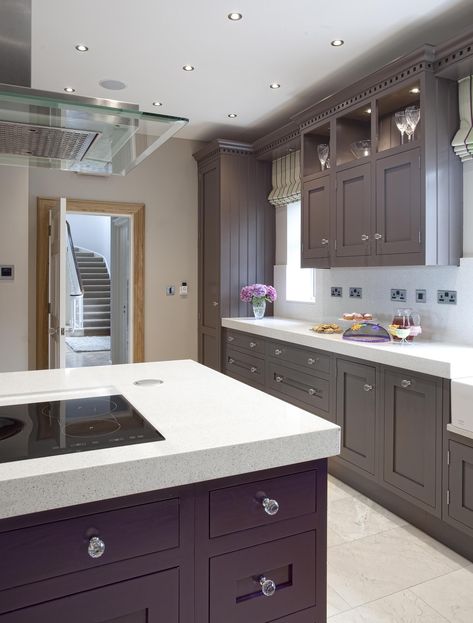 Detailed picture of F&B 'London Clay' + Damson painted kitchen London Clay Farrow And Ball Kitchen, Dark Plum Kitchen Cabinets, Aubergine Kitchen Island, Dark Purple Kitchen Walls, Violet Kitchen Cabinets, Farrow And Ball Brinjal Kitchen, London Clay Farrow And Ball, Farrow Ball Kitchen, Farrow And Ball Bathroom