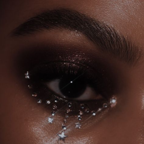 Angel Glitter Makeup, Black Sparkly Makeup Looks, Dark Euphoria Makeup, Starry Night Prom Makeup, Black Euphoria Makeup, Stormy Makeup, Starry Makeup Look, Starry Night Makeup Look, Black Rhinestone Makeup