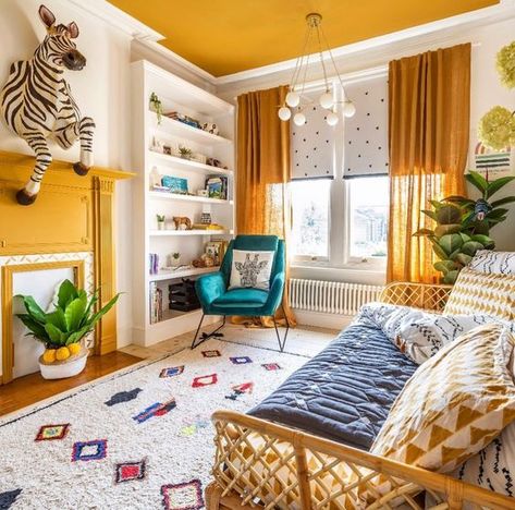 5 Mood-Boosting Design Ideas – Woodchip & Magnolia Small Boho Bedroom, Yellow Boys Room, Mustard Yellow Accents, Yellow Ceiling, Interior Design Photography, Best Paint Colors, Small Boho, Yellow Accents, Blue Bedroom