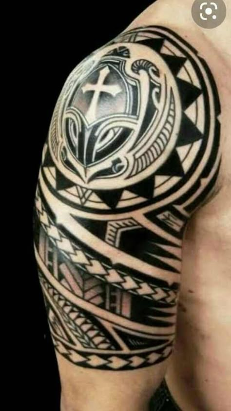 Christian Warrior Tattoos For Men, Cool Shoulder Tattoos For Guys, Half Sleeve Tattoos Polynesian, Tattoo Ideas For Men Shoulder, Shoulder Tattoo For Men, Male Shoulder Tattoo, Shoulder Tattoo Men, Hai Tattoo, Polynesian Tattoo Sleeve