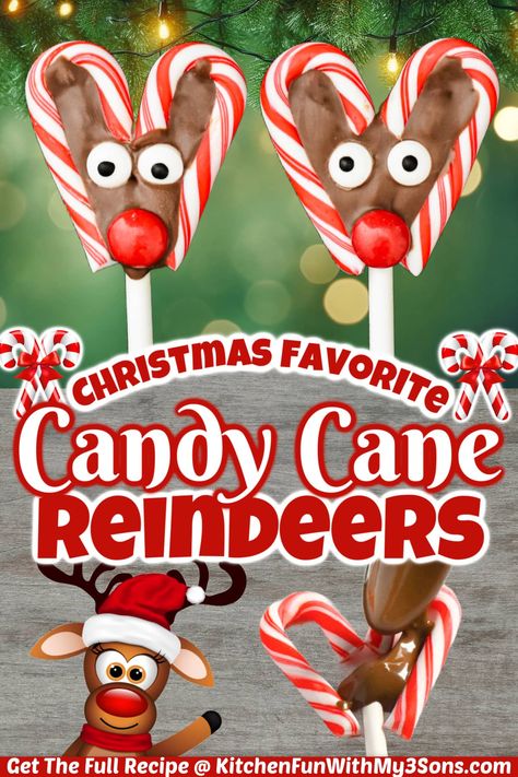 No Bake Candy Cane Reindeer Pops are adorable candy cane lollipops guaranteed to bring smiles to both young and old this Christmas. It's a super fun Holiday craft that kids can enjoy with a little supervision. Candy Cane Crafts Christmas, Reindeer Pops, No Bake Candy, Easy Christmas Treat, Reindeer Candy Canes, Reindeer Cups, Christmas Treats To Make, Rolo Candy, Candy Cane Lollipops