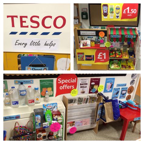 EYFS Tesco supermarket role play area Shop Role Play Area, Supermarket Role Play Area, Domestic Role Play Eyfs, Supermarket Role Play Eyfs, Play Shop Ideas, Supermarket Role Play, Food Topic Eyfs, Eyfs Role Play Area, Shop Role Play Eyfs