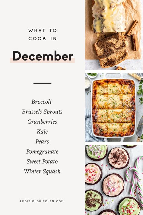 31 delicious, seasonal recipes to cook in December! These are the best healthy winter recipes around. You'll find breakfasts & brunches, cozy soups, filling salads, healthy, nourishing dinners and plenty of holiday cookies. #winterrecipe #healthyeating #mealprep December Dinners, Filling Salads, Salads Healthy, Cozy Soups, Healthy Winter Meals, Recipes To Cook, Ambitious Kitchen, Seasonal Cooking, Roasted Butternut Squash Soup