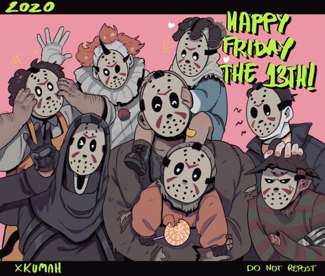 Cute Slasher Art, Ghost Face Michael Myers Jason, Slasher Fanart Cute, Slashers Fanart Funny, Coffin Of Andy And Leyley Fanart, Horror Movie Fanart, Jason Voorhees Fanart, Slashers Fanart, Jason Voorhees Art