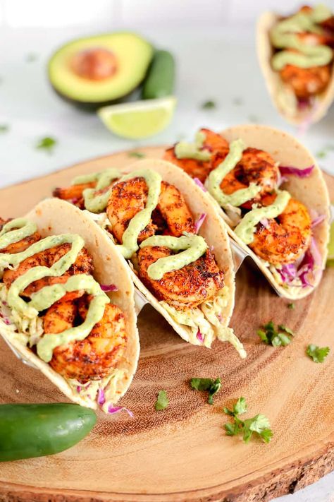 Taco Shrimp, Homemade Slaw, Tacos With Avocado, Crema Recipe, Shrimp Taco, Spicy Shrimp Tacos, Shrimp Taco Recipes, Avocado Crema, Recipes Mexican