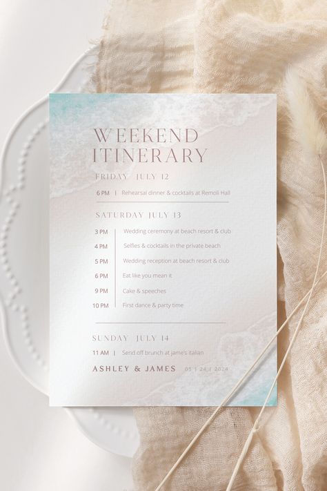 Weekend Itinerary Template, Sunset Beach Wedding, Sand Wedding, Wedding Itinerary Template, Beach Wedding Ceremony, Wedding Sand, Beach Weekend, Wedding Itinerary, Weekend Itinerary