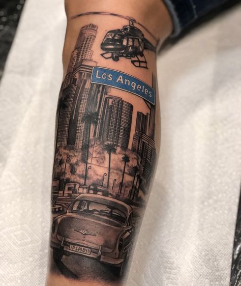 California Forearm Tattoo, La Themed Tattoo, Los Angeles Buildings Tattoo, Boyle Heights Tattoo, Business Tattoos Men, La Sleeve Tattoo, Inglewood Tattoo, City Tattoo Ideas For Men, Rap Tattoo Ideas For Men