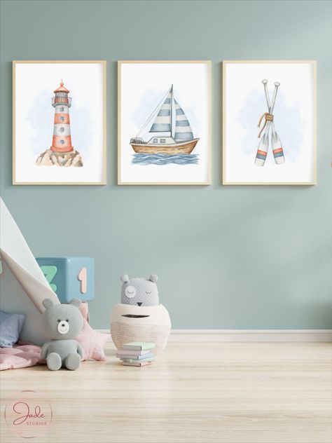 Lighthouse Nursery Theme, Sail Boat Nursery Theme, Sailor Nursery Baby Boy, Ocean Themed Nursery Boy, Lighthouse Nursery, Vintage Nautical Nursery, Sailor Nursery, Nautical Boy Room, Nursery Color Palette