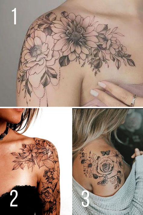 Blooming Shoulder Flower Tattoo Ideas - tattooglee Shoulder Flower Tattoo, Black And White Flower Tattoo, Feminine Shoulder Tattoos, Front Shoulder Tattoos, Shoulder Cap Tattoo, Shoulder Sleeve Tattoos, Flower Shoulder Tattoo, 16 Tattoo, Floral Tattoo Shoulder