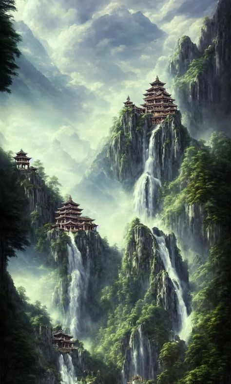 Mountain Temple Fantasy Art, Waterfall Temple, Fantasy Mountains, Jordan Grimmer, Sky Temple, Large Waterfall, Chinese Mountains, Greg Rutkowski, Grass Art