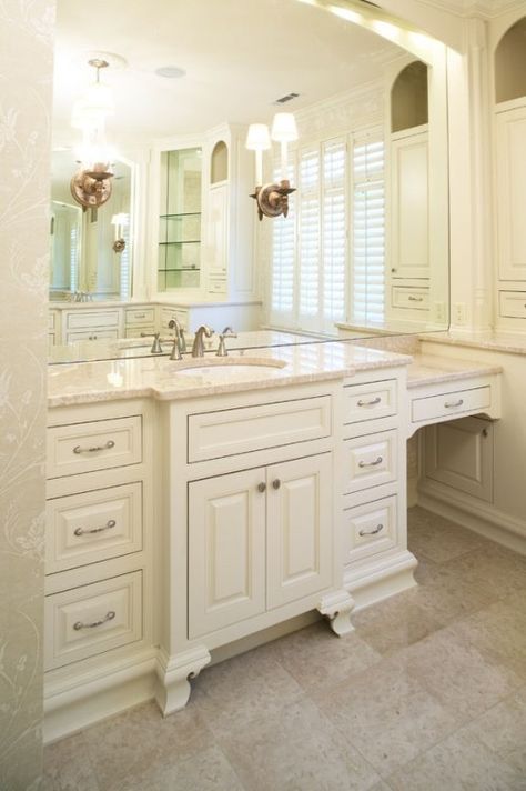 Varying depths of cabinets, love the space at the end for a chair for a vanity! Bathroom Vanity With Chair Space, Makeup Vanity Redo, Vanity With Makeup Area, Vanity Redo, Drawers Ideas, Master Bath Vanity, New Bathroom Ideas, Master Bath Remodel, Bathroom Remodel Shower