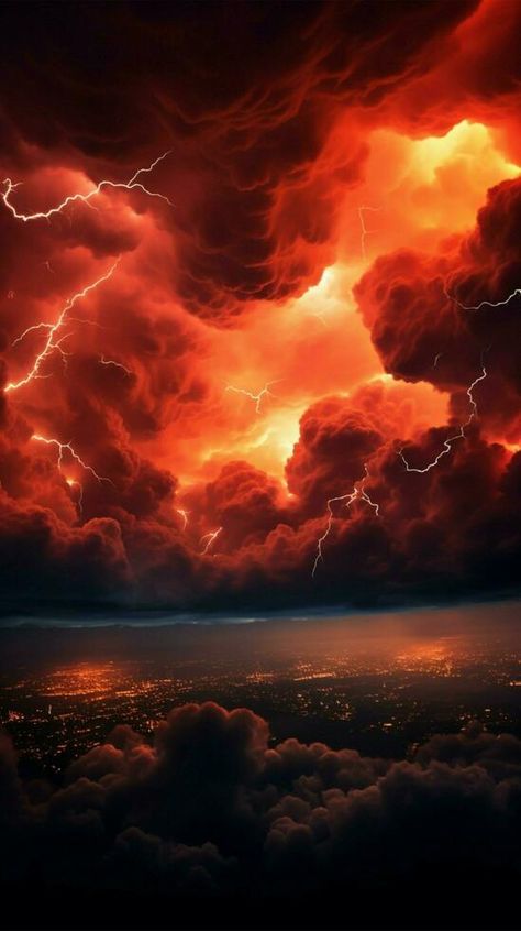 Apocalyptic scene red stormy sky pierced by dazzling lightning Vertical Mobile Wallpaper AI Generated Red Lightning Aesthetic, Red Sky Background, Grove Street Families, Action Background, City On Fire, Storm Aesthetic, Fire Background, Red Skies, Red Mood