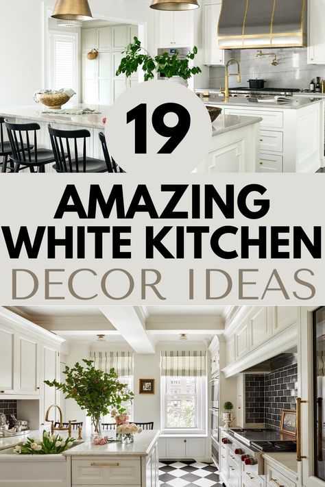 19 Incredible White Kitchen Ideas That You'll Be Obsessed With 1 White Kitchen With White Walls, White Kitchen With Island Ideas, Decor For White Kitchen, White Condo Kitchen, White Kitchens 2024, Kitchen With Island Ideas, White Kitchen With Island, White And Gray Kitchen, White Modern Kitchen Ideas