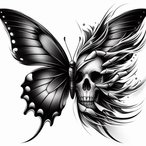 Skull Tattoos With Butterflies, Skull Butterfly Tattoo Women, Skull With Butterflies Tattoo, Cover Up Tattoos For Dark Tattoos, Dark Back Tattoos Women, Creepy Tattoos For Women, Pretty Skull Tattoos For Women, Lower Back Tattoo Cover Up Ideas, Skull With Wings Tattoo