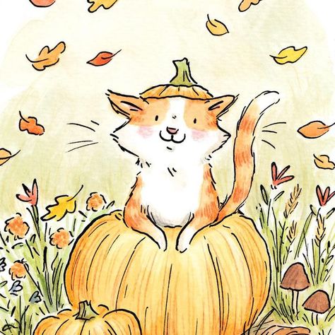 Anastasia Wessex Illustration, Fall Animal Drawings, Cute Fall Drawings, Autumn Animals, Fall Cats, Fall Drawings, Fall Art Projects, Storybook Art, Cat Art Illustration