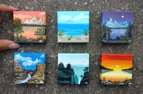 Mini oil paintings (2" x 2") #OilPaintingLandscape Mini Tela, Art Mini Toile, Mini Toile, Mini Oil Painting, Art Trippy, Bob Ross Paintings, Small Canvas Paintings, Kunst Inspiration, Small Canvas Art