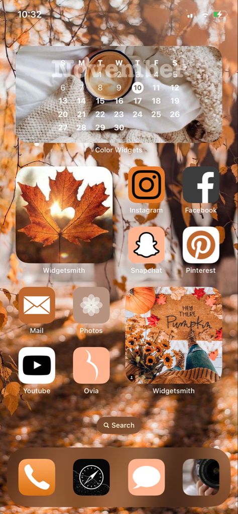 ios 16 iphone home screen fall autumn theme Fall Themed Home Screen, Autumn Aesthetic Homescreen, Fall Iphone Home Screen, Iphone Homescreen Ideas, Phone Asthetic, Fall Autumn Aesthetic, Iphone Home Screen, Iphone Home Screen Layout, Screen Layout