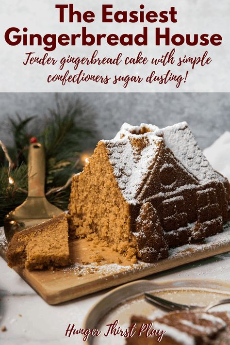 The easiest gingerbread house recipe that is actually delicious! DIY your own gingerbread house with minimal effort and frosting using a nordicware gingerbread house bundt cake pan. Tender, moist gingerbread cake baked in a house shaped bundt pan with a dusting of 'snowy' confectioners sugar for icing. This gingerbread house recipe is great for kids and makes a beautiful holiday dessert. #gingerbread #gingerbreadhouse #gingerbreadcake #cake #christmas #christmasdesserts Nordicware Gingerbread House, Gingerbread Cake House, Beautiful Christmas Cakes, Nordic Ware Gingerbread House, Moist Gingerbread Cake, Gingerbread House Cake, Moist Gingerbread, Easy Gingerbread House, Cake Bundt