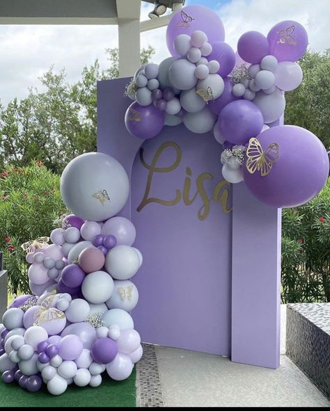 Purple Table Cloth Ideas, Purple Birthday Theme Ideas, Violet Party Decoration, Lavender And Pink Party, Purple Butterfly Balloon Arch, Violet Debut Theme, Violet Themed Birthday Party, Light Purple Party Theme, Violet Birthday Theme